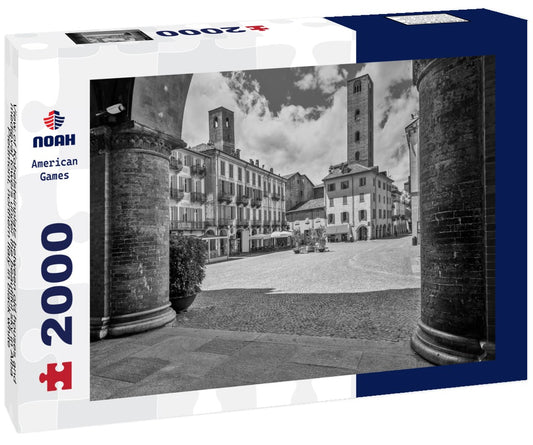 Noah Jigsaw Puzzle View of Kobelsteinplatz between old houses and medieval towers under the beautiful sky in Alba, Piedmont, northern Italy in black white 2000 pieces