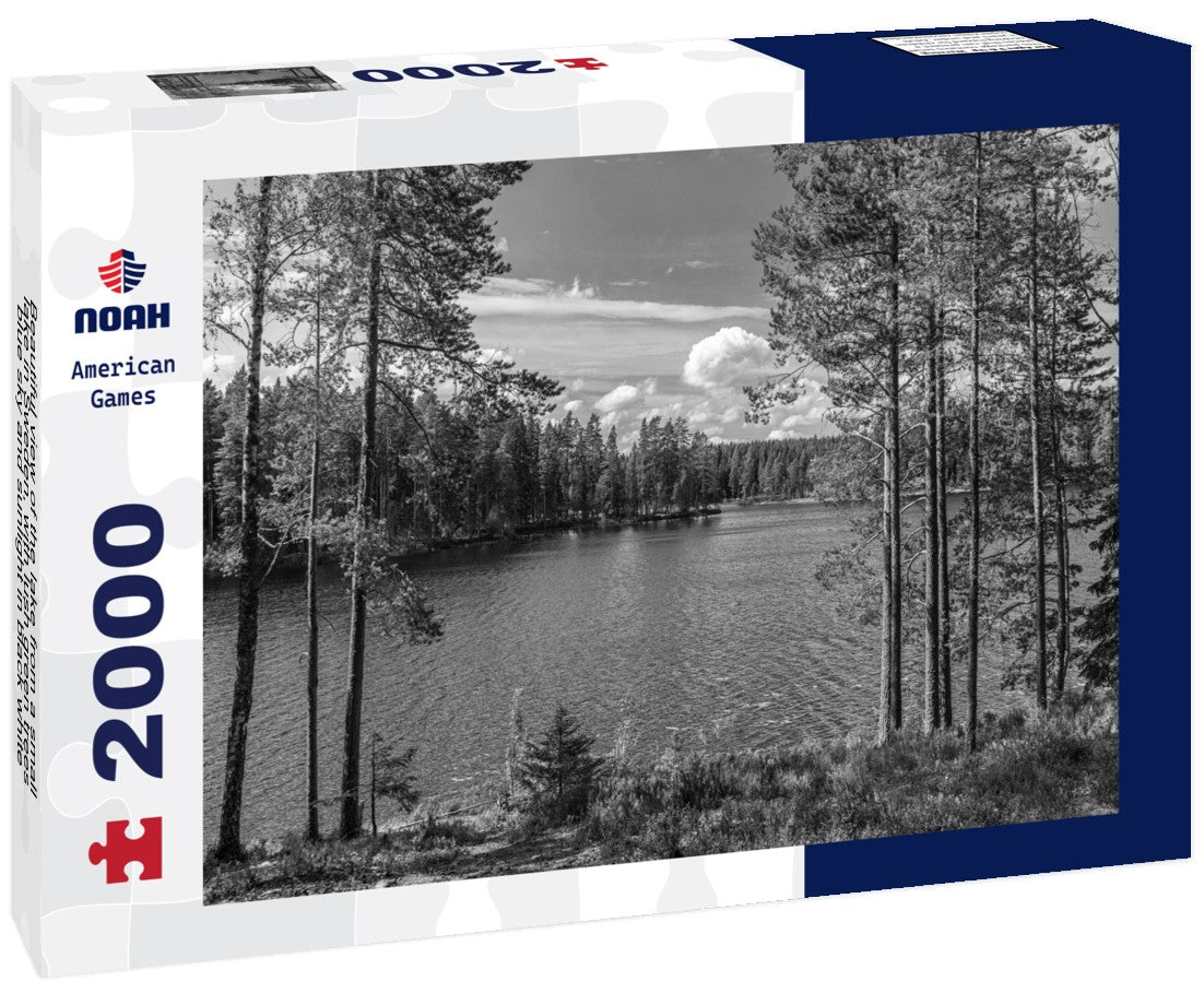 Noah Jigsaw Puzzle Beautiful view of the lake from a small lake in Sweden, with lush green trees, blue sky and sunlight in black white 2000 pieces