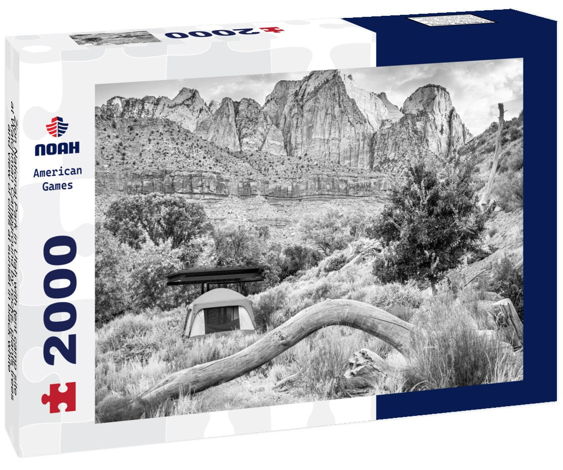 Noah Jigsaw Puzzle Zion National Park in Utah with tent camp site at Watchman Campground by rocks, plants trees and view of cliffs at sunset in black white 2000 pieces