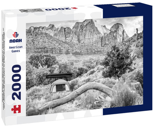 Noah Jigsaw Puzzle Zion National Park in Utah with tent camp site at Watchman Campground by rocks, plants trees and view of cliffs at sunset in black white 2000 pieces