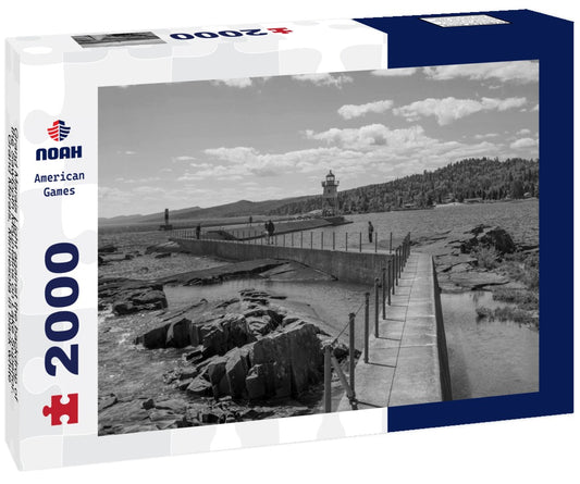 Noah Jigsaw Puzzle Grand Marais Light against the backdrop of the Sawtooth Mountains on Lake Superior. Grand Marais, Minnesota in black white 2000 pieces