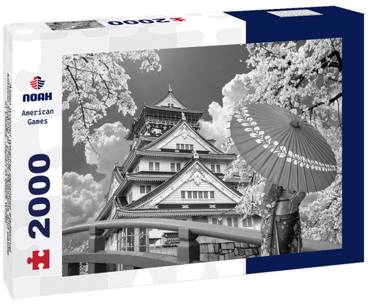 Noah Jigsaw Puzzle Asian woman wearing japanese traditional kimono looking at cherry blossoms and castle in Osaka, Japan in black white 2000 pieces