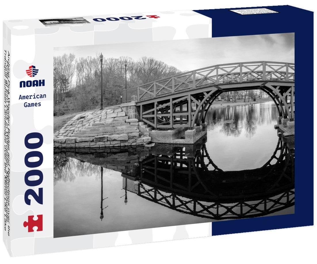 Noah Jigsaw Puzzle Arching Pink Wooden Bridge and Reflections over the Pond at Elm Park in Worcester, Massachusetts. Tranquil Sunset Landscape over the Mirror Like Lake Water. Asian Style Architecture in American Town in black white 2000 pieces