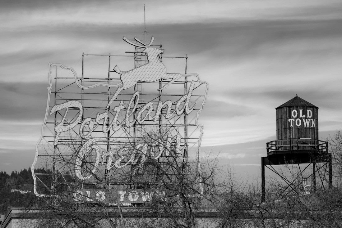 Noah Jigsaw Puzzle White Stag Portland Oregon old town sign at sunset with jumping deer. Also water tower old town sign in black white 2000 pieces