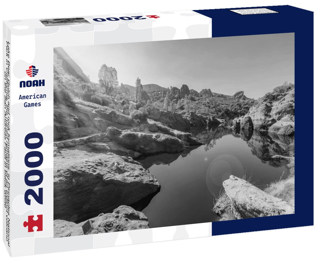 Noah Jigsaw Puzzle Lake Bear Gulch and rock formations, in Pinnacles National Park in California, the ruined remains of an extinct volcano on the San Andreas Fault in black white 2000 pieces