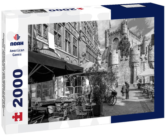 Noah Jigsaw Puzzle Old street with café tables in Ghent, Belgium. Architecture and landmarks of Ghent. Cozy cityscape of Ghent in black white 2000 pieces
