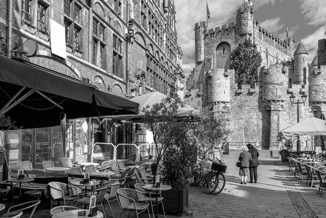 Noah Jigsaw Puzzle Old street with café tables in Ghent, Belgium. Architecture and landmarks of Ghent. Cozy cityscape of Ghent in black white 2000 pieces