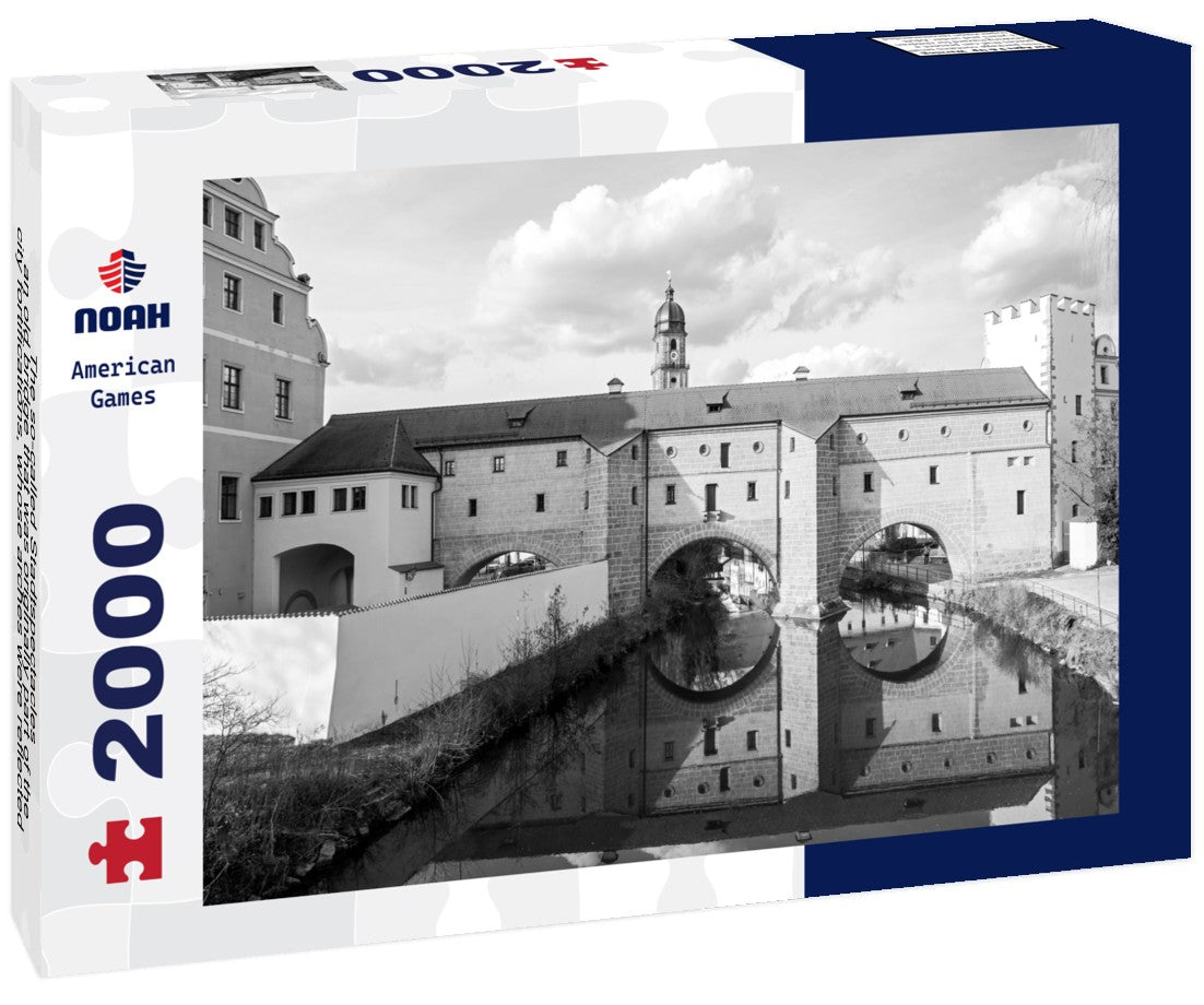 The so-called Stadtspectacles - an old bridge that was originally part of the city fortifications, whose arches were reflected in the river waters and looked like a spectacle, Amberg, Germany 2000pc PuzzleBlack and White