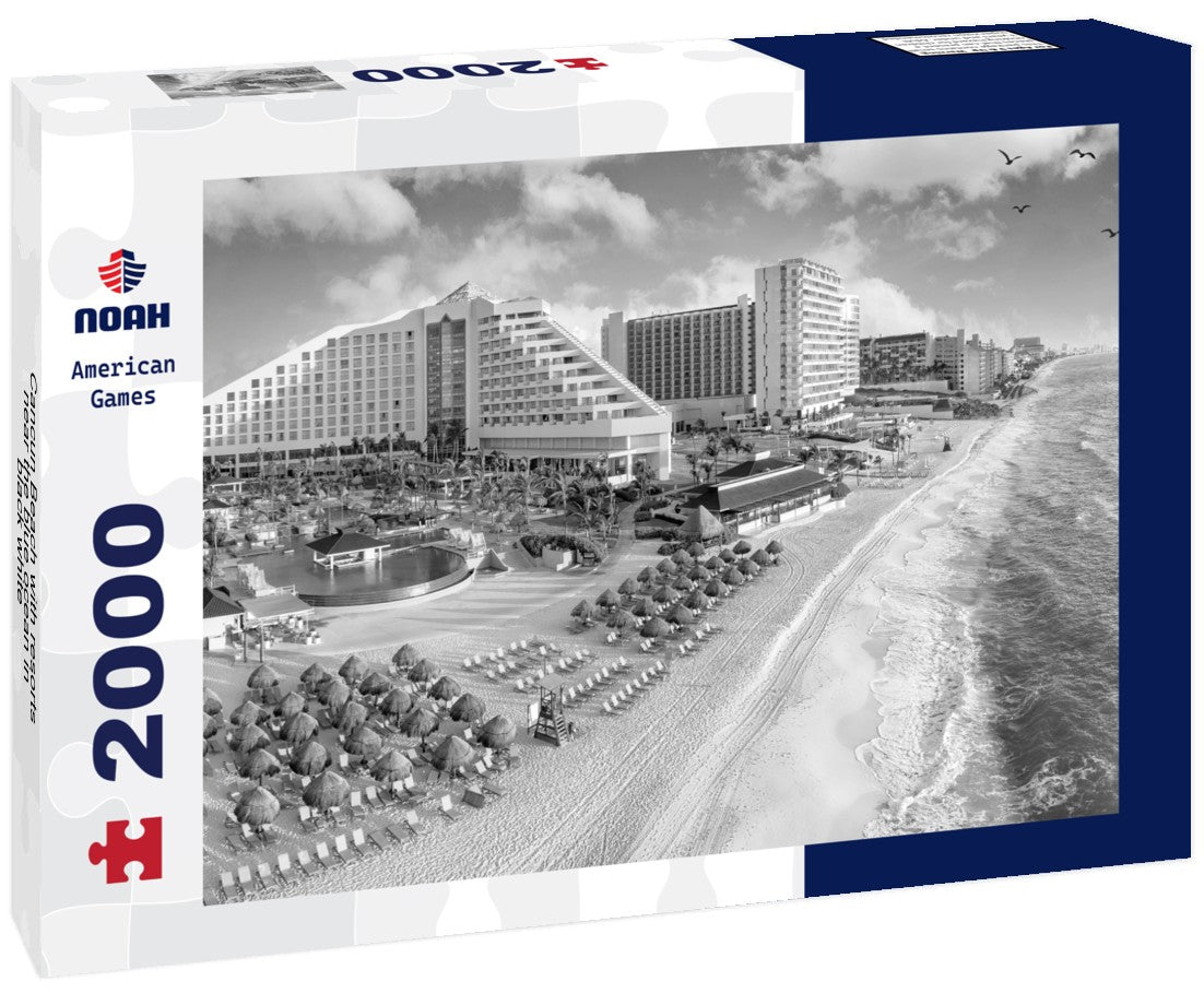 Noah Jigsaw Puzzle Cancun Beach with resorts near the blue ocean in black white 2000 pieces