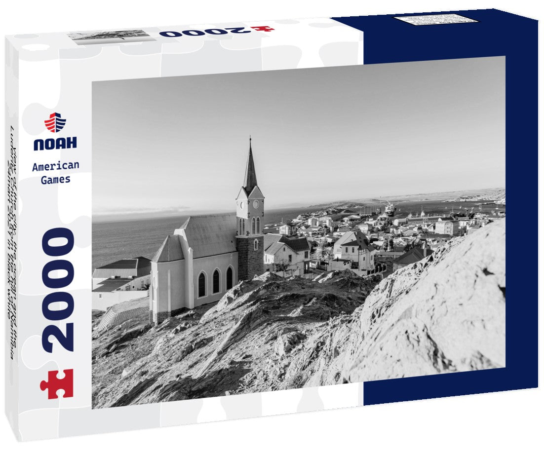 Noah Jigsaw Puzzle view of the city, the ocean and the Luderitz Church from the hill of Namibia 24mart 2021 in black white 2000 pieces