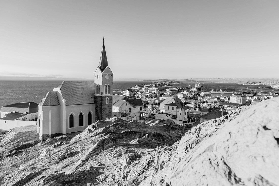 Noah Jigsaw Puzzle view of the city, the ocean and the Luderitz Church from the hill of Namibia 24mart 2021 in black white 2000 pieces