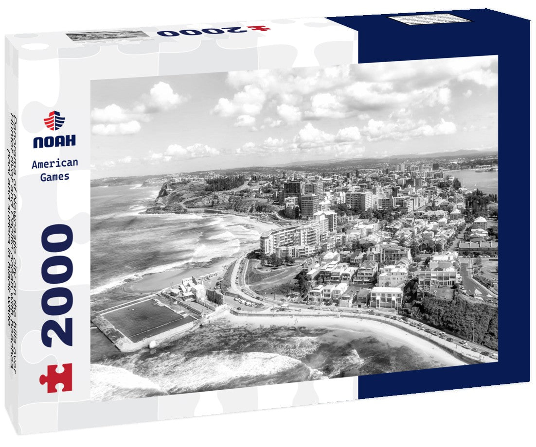 Noah Jigsaw Puzzle Panorama of Newcastle city on the hills over Hunter river and Pacific ocean with beaches, pool and surfers in black white 2000 pieces
