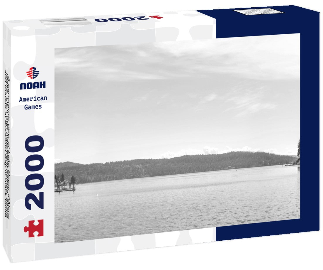 Noah Jigsaw Puzzle A panoramic view of Lake Coeur d'Alene, Idaho, USA with waterfront homes, docks and marina at Rockford Bay in black white 2000 pieces