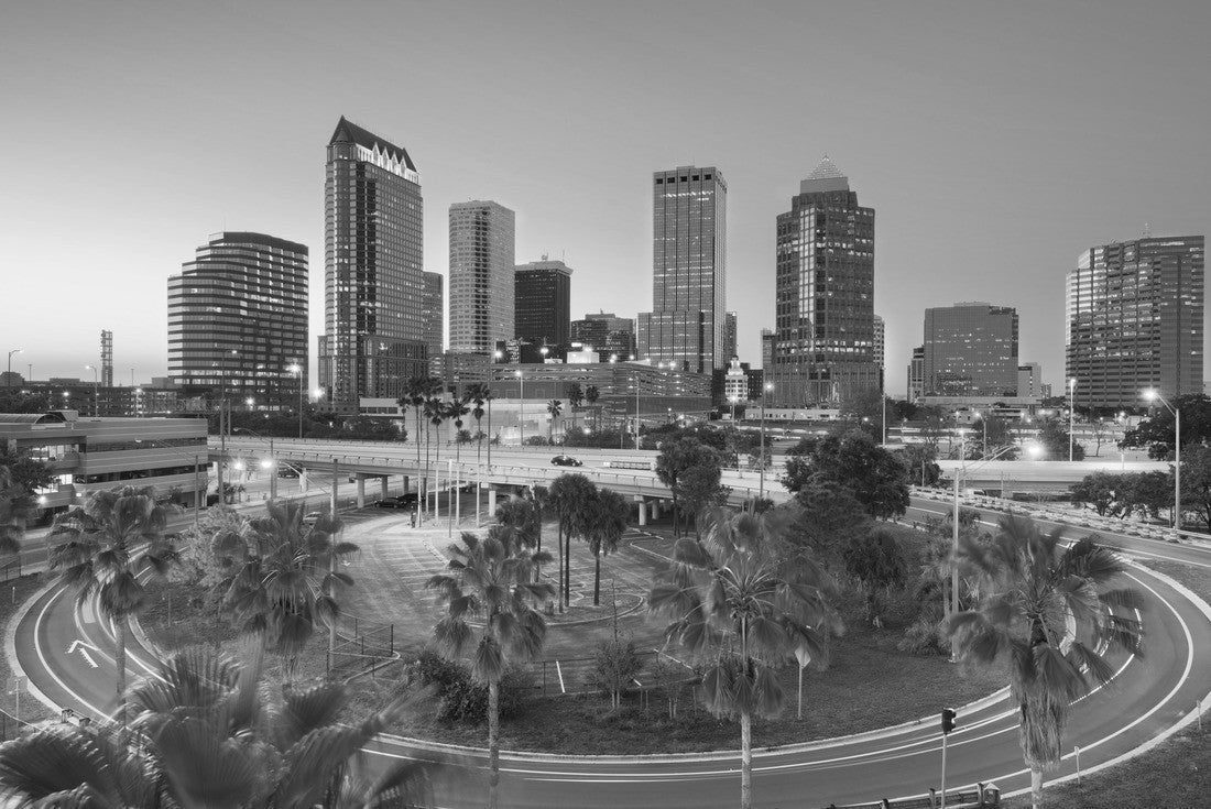 Noah Jigsaw Puzzle Tampa, Florida, USA downtown city skyline over roads and highways at dusk in black white 2000 pieces