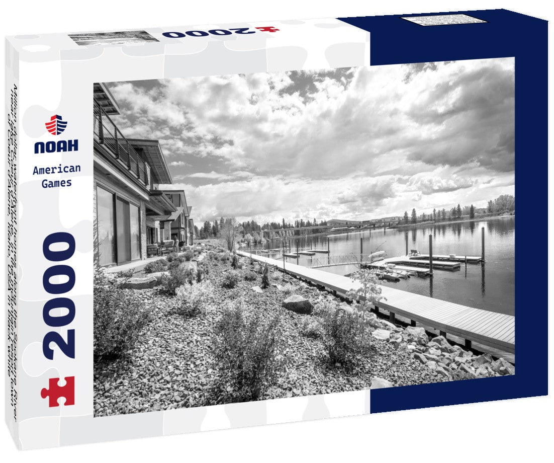 Noah Jigsaw Puzzle Million dollar waterfront homes along the Spokane River near lake Coeur d'Alene, in the mountain resort town of Coeur d'Alene, Idaho, USA in black white 2000 pieces
