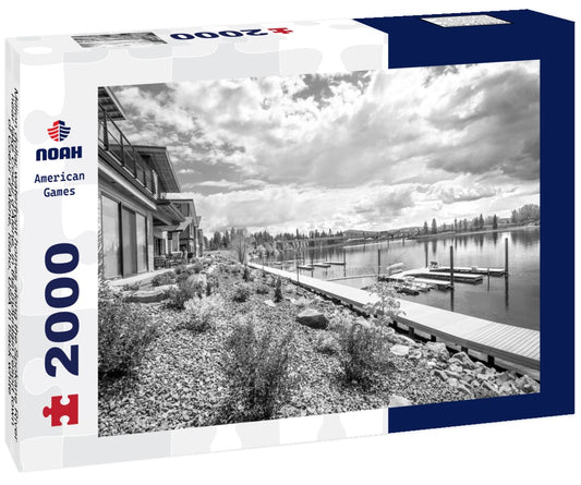 Noah Jigsaw Puzzle Million dollar waterfront homes along the Spokane River near lake Coeur d'Alene, in the mountain resort town of Coeur d'Alene, Idaho, USA in black white 2000 pieces