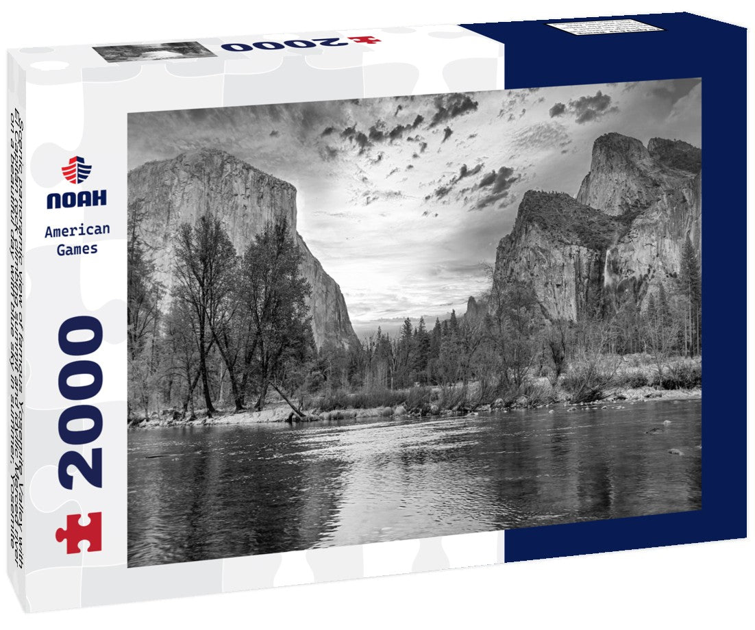 Noah Jigsaw Puzzle Scenic panoramic view of famous Yosemite Valley with El Capitan rock climbing summit and idyllic Merced river on a beautiful day with blue sky in summer, Yosemite National Park, California, USA in black white 2000 pieces