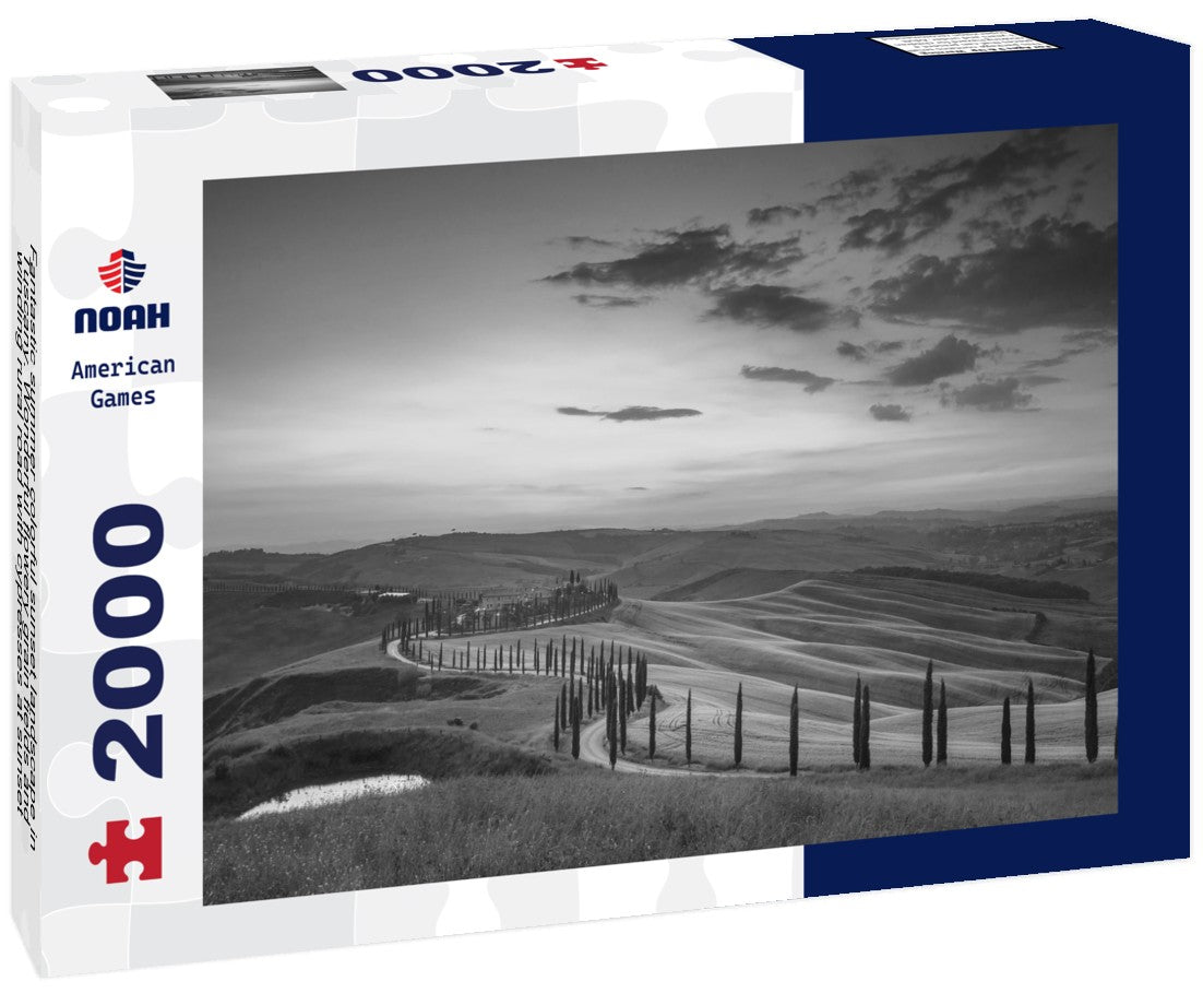 Fantastic summer colorful sunset landscape in Tuscany. Wonderful flowery grain fields and winding rural road with cypresses at sunset, Asciano, Tuscany, Italy 2000pc PuzzleBlack and White