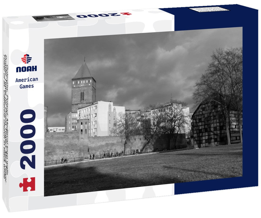 Noah Jigsaw Puzzle Goleniów, Poland: Medieval town walls, Powder Tower (or Prison Tower), Mint Tower, Tower of St. Catherine church in black white 2000 pieces