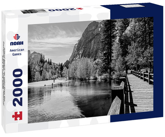 Noah Jigsaw Puzzle island beach as seen from the Swinging Bridge. Yosemite National park in black white 2000 pieces