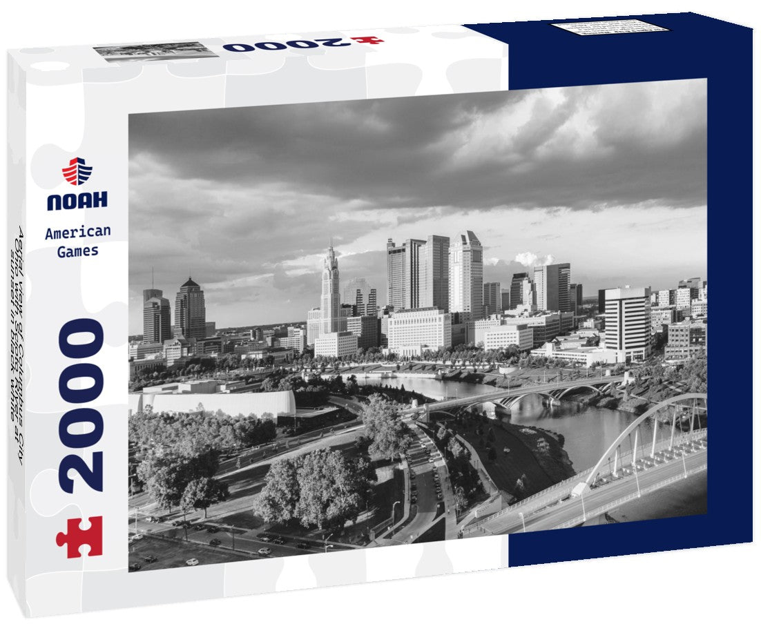 Aerial view of Columbus City Ohio with Scioto River at sunset 2000pc PuzzleBlack and White