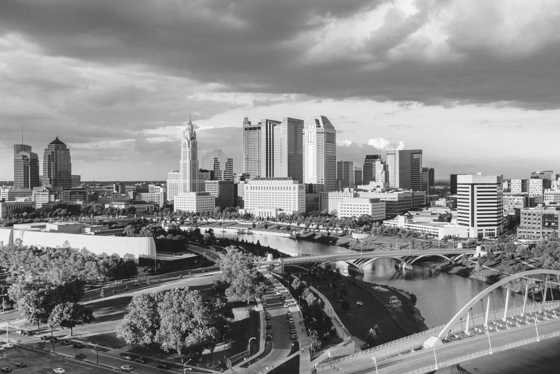 Aerial view of Columbus City Ohio with Scioto River at sunset 2000pc PuzzleBlack and White