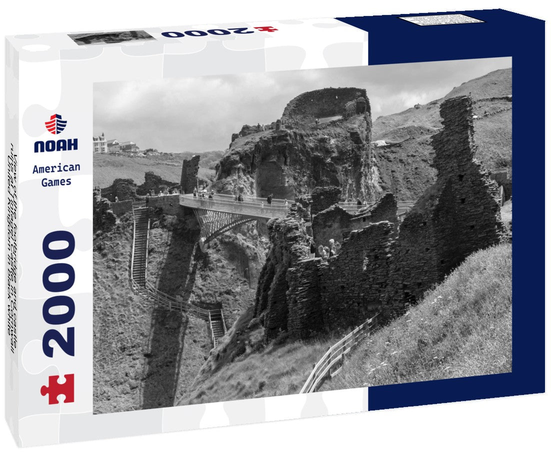the footbridge and castle ruins at Tintagel Castle in Cornwall, United Kingdom 2000pc PuzzleBlack and White