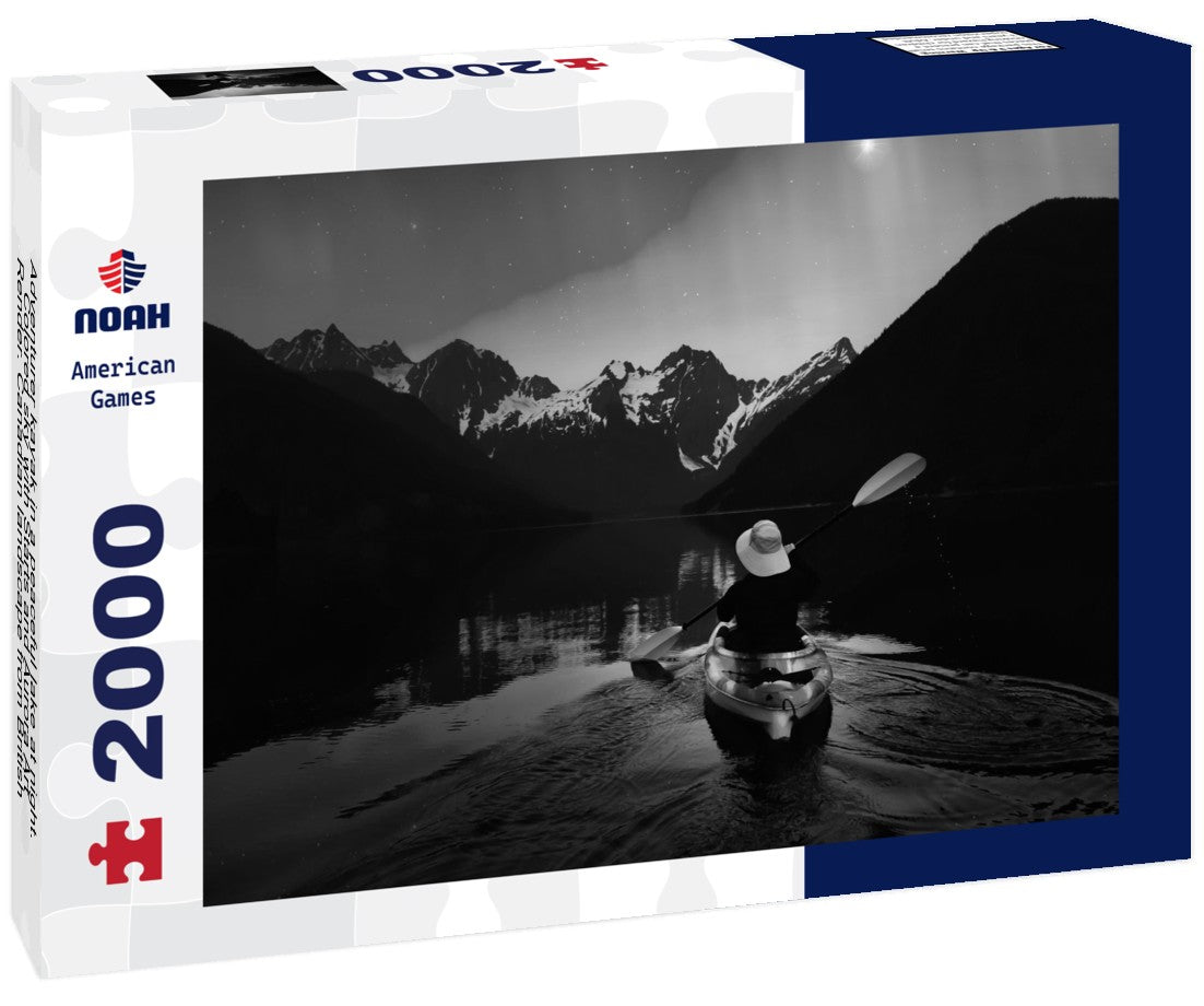 Noah Jigsaw Puzzle Adventurer kayak in a peaceful lake at night. Colored sky with Starts and Aurora Art Render. Canadian landscape from British Columbia, Canada in black white 2000 pieces
