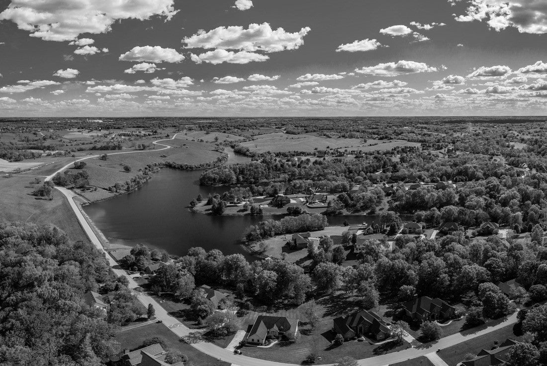 Noah Jigsaw Puzzle Aerial view of a residential area near a lake near Georgetown, Kentucky in black white 2000 pieces