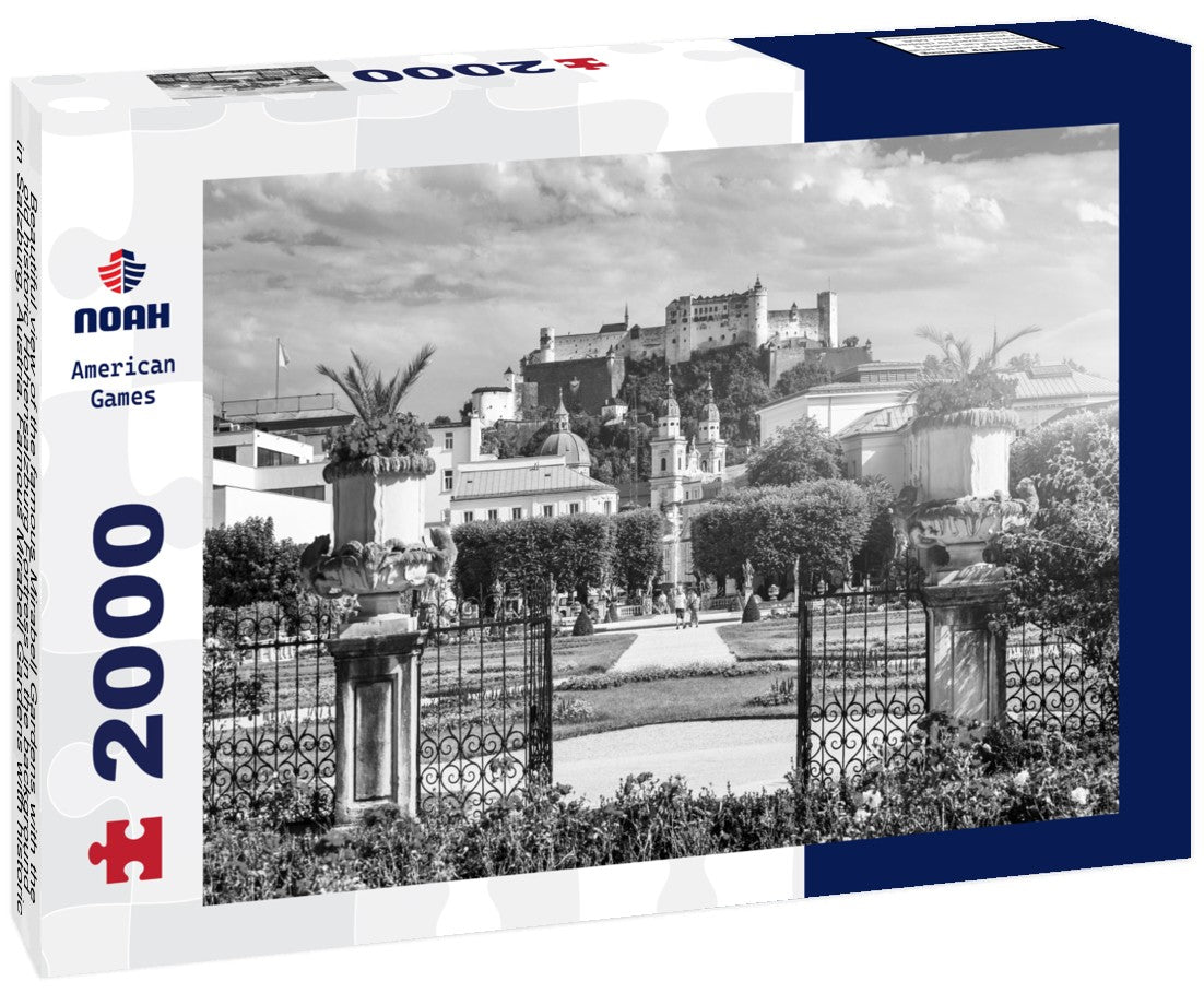 Beautiful view of the famous Mirabell Gardens with the old historic Hohensalzburg Fortress in the background in Salzburg, Austria. Famous Mirabell Gardens with historic fortress in Salzburg, Austria 2000pc PuzzleBlack and White