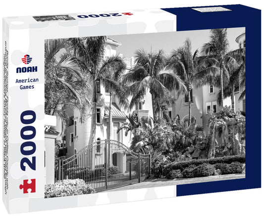 Noah Jigsaw Puzzle Bonita Springs, Florida city in Collier County with entrance to famous Barefoot Beach with road through neighborhood's luxury homes in black white 2000 pieces