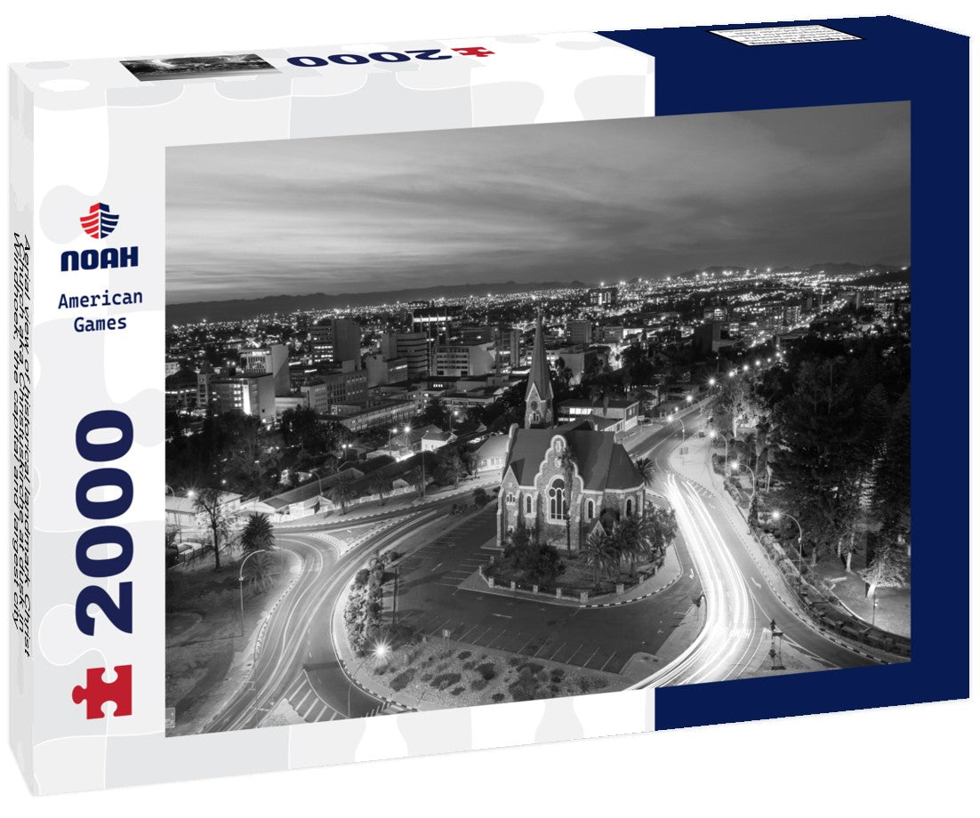 Aerial view of historical landmark Christ Church aka Christuskirche at dusk in Windhoek, the capital and largest city of Namibia 2000pc PuzzleBlack and White