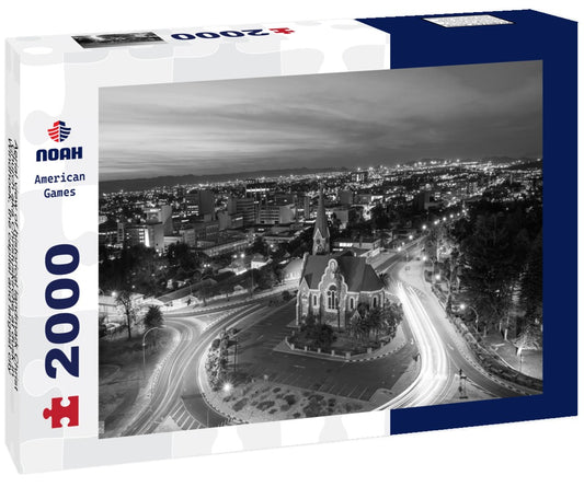 Noah Jigsaw Puzzle Aerial view of historical landmark Christ Church aka Christuskirche at dusk in Windhoek, the capital and largest city of Namibia in black white 2000 pieces
