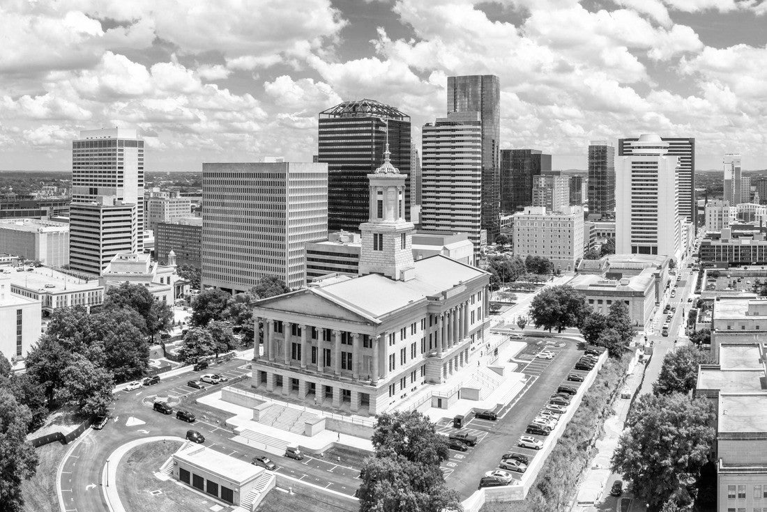 Noah Jigsaw Puzzle Aerial view of Nashville Capitol and skyline on a sunny day. Nashville is the capital and most populous city of Tennessee, and a major center for the music industry in black white 2000 pieces
