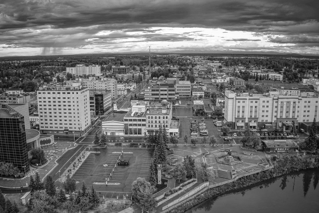 Aerial view of the fairgrounds in downtown, Fairbanks, Alaska during a stormy summer Sunday 2000pc PuzzleBlack and White