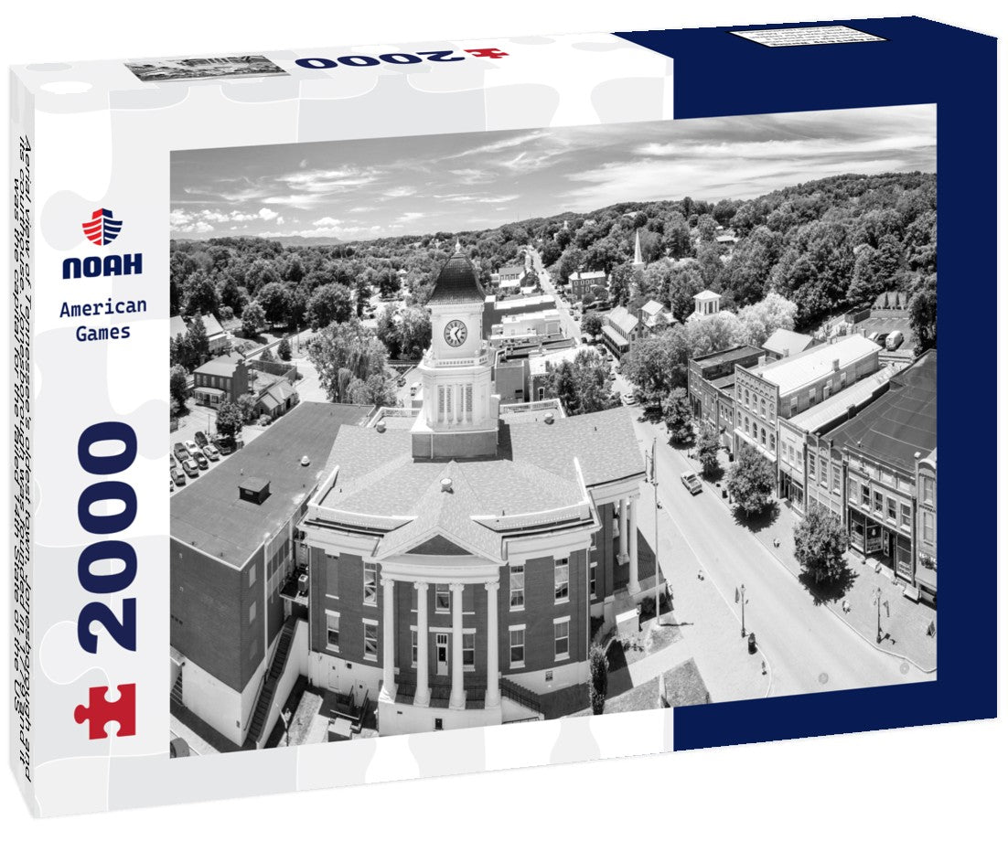 Aerial view of Tennessee's oldest town, Jonesborough and its courthouse. Jonesborough was founded in 1779 and it was the capital for the failed 14th State of the US, known as the State of Franklin 2000pc PuzzleBlack and White