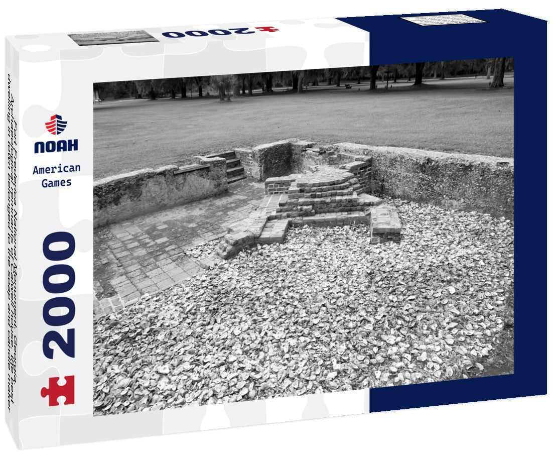 Fort Frederica National Monument, Georgia. Archaeological remnants of Calwell house, the best dwelling in town belonged to the soap and candle maker who kept a shop. Foundation and fire place hearth 2000pc PuzzleBlack and White