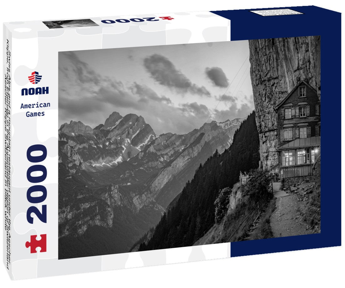 Swiss Alps and a mountain restaurant under the Aescher Klippe, from Ebenalp in the Appenzeller region of Switzerland Aescher Klippe Switzerland 2000pc PuzzleBlack and White