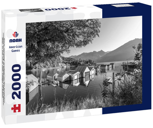 Noah Jigsaw Puzzle Early morning sunlight on the boatyard, marina and dock at Kootenay Lake in Kaslo Bay, in the rural little village of Kaslo, British Columbia, Canada in black white 2000 pieces