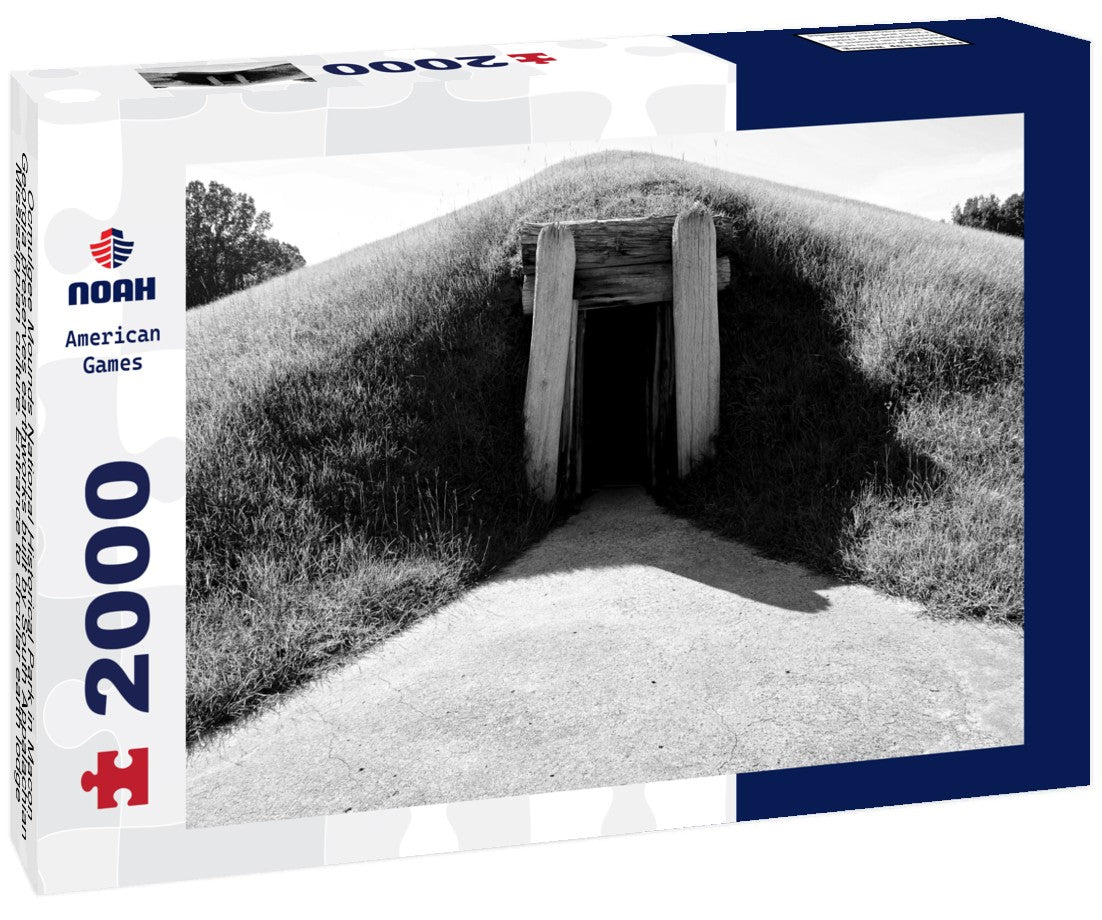 Ocmulgee Mounds National Historical Park in Macon, Georgia preserves earthworks built by South Appalachian Mississippian culture. Entrance to circular earth lodge built for meetings and ceremonies 2000pc PuzzleBlack and White