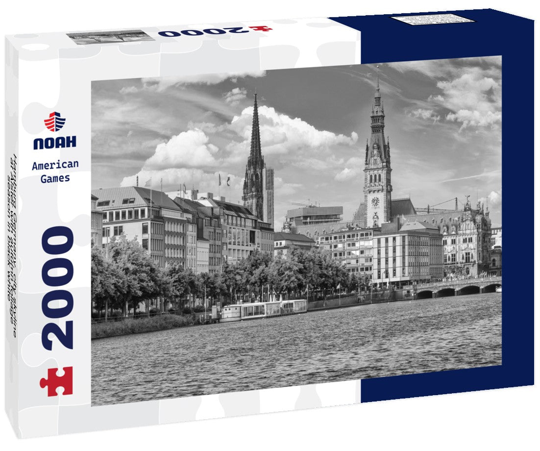 Noah Jigsaw Puzzle Hamburg Germany, city skyline at Alster with autumn foliage season in black white 2000 pieces