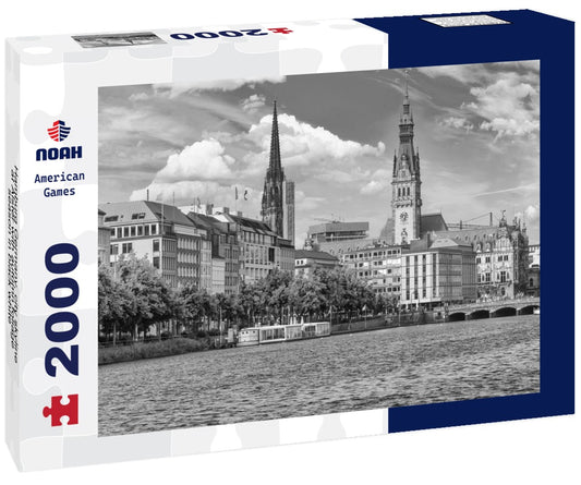 Noah Jigsaw Puzzle Hamburg Germany, city skyline at Alster with autumn foliage season in black white 2000 pieces