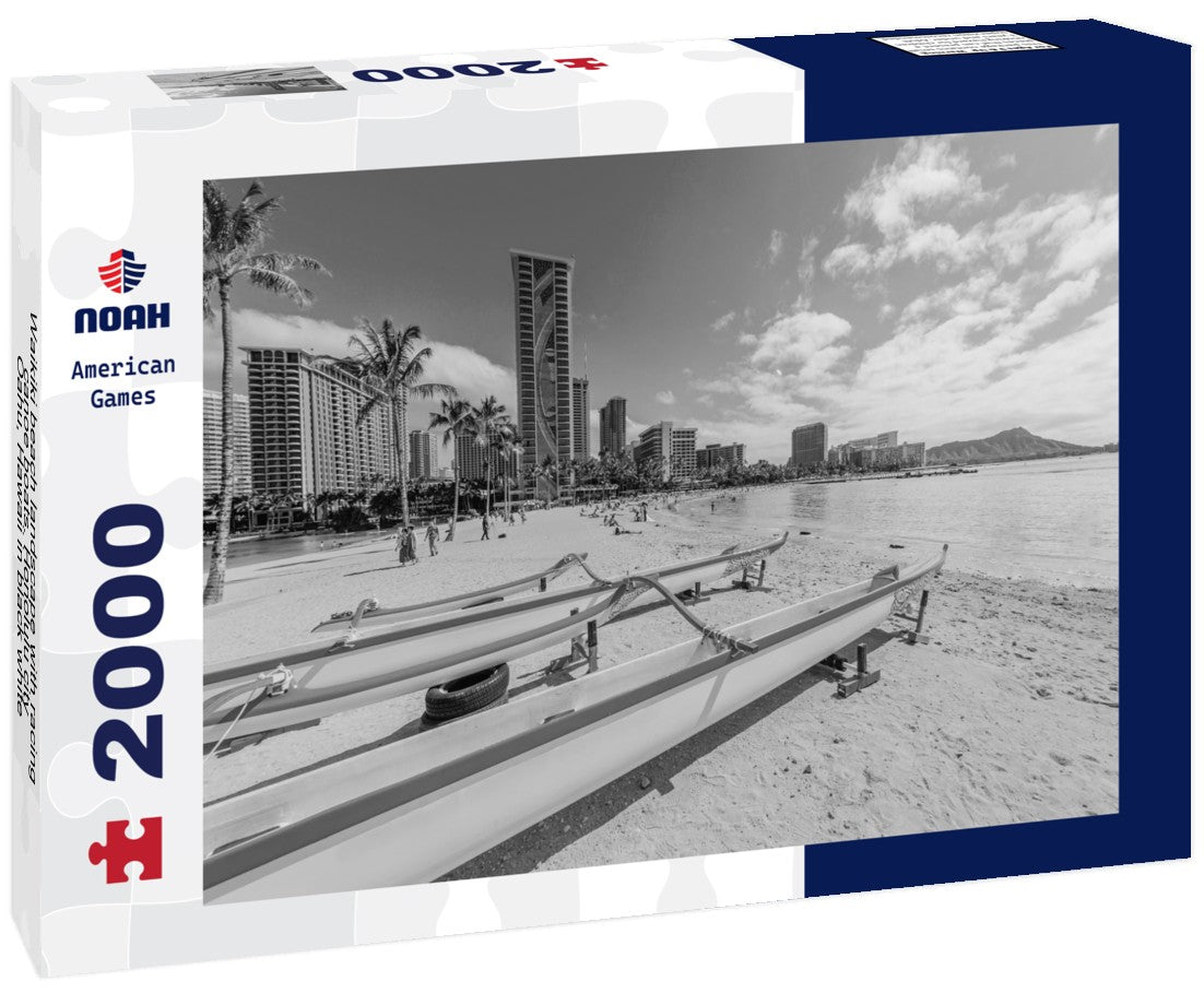 Waikiki beach landscape with racing canoe boats. Honolulu city, Oahu, Hawaii 2000pc PuzzleBlack and White