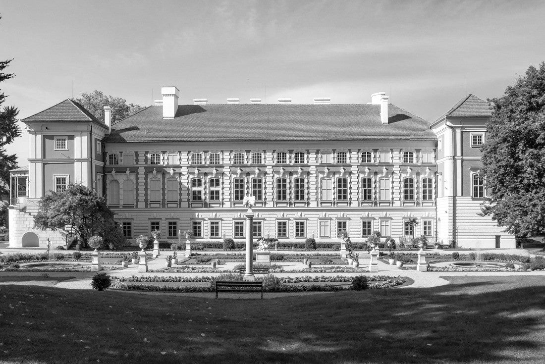Lancut Castle in Poland. Built in the first half of the 17th century. Rear elevation with Italian garden and park 2000pc PuzzleBlack and White