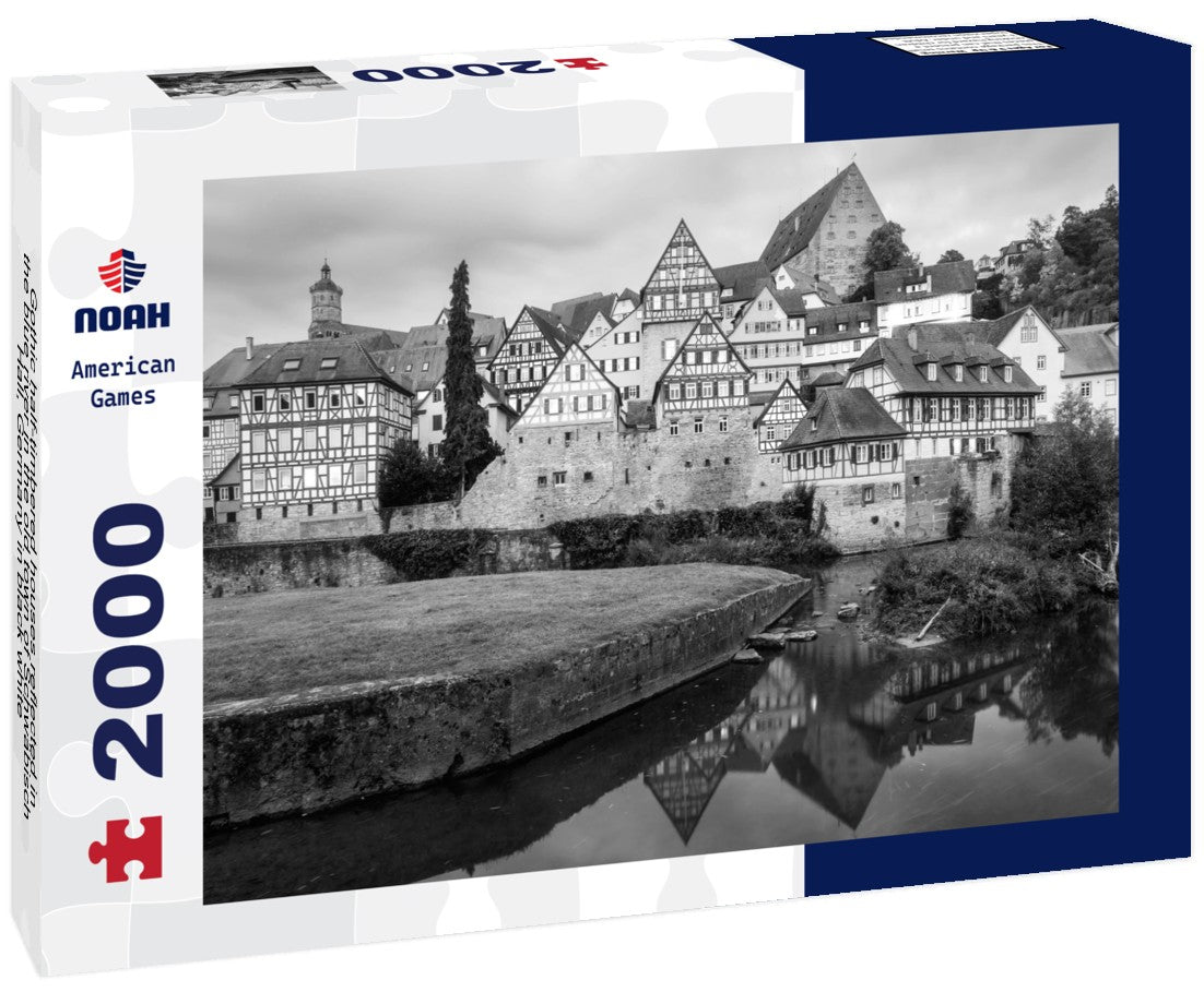 Gothic half-timbered houses reflected in the blue river in the old town of Schwäbisch Hall, Germany 2000pc PuzzleBlack and White