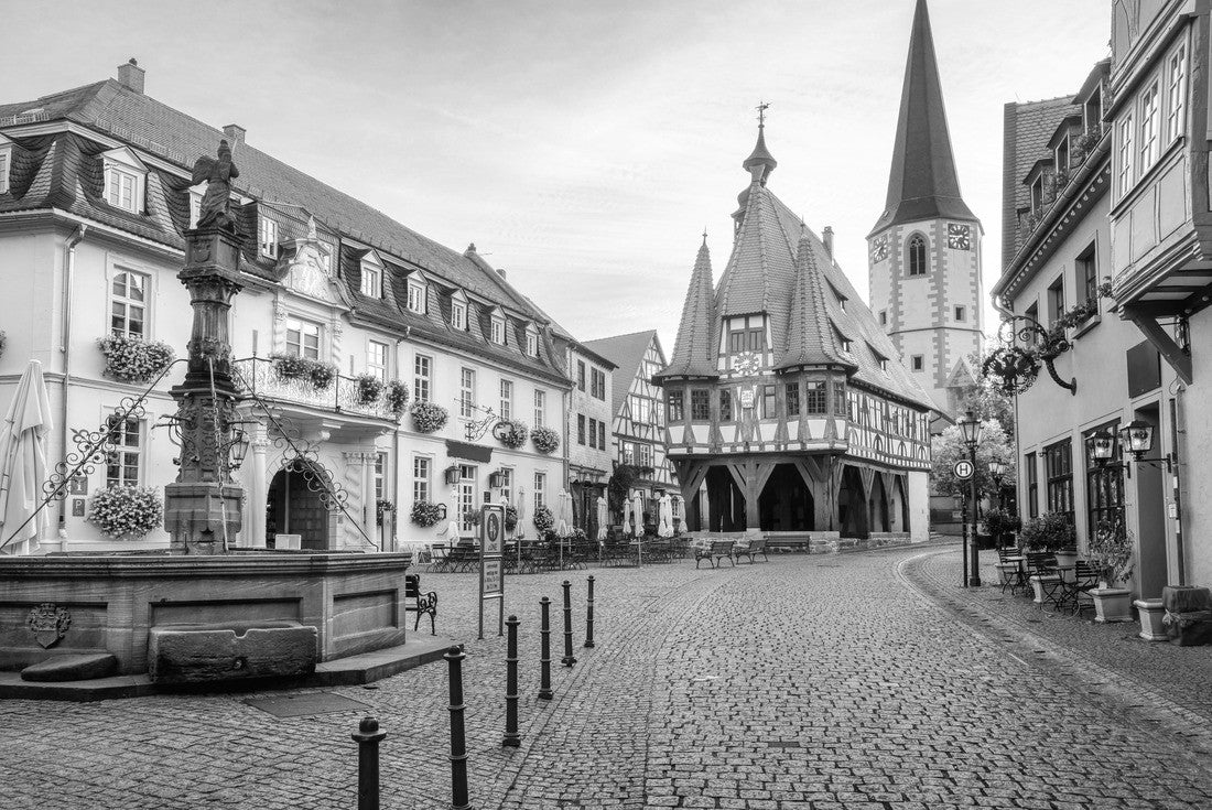Historical Old town of Michelstadt in Odenwald, Germany, view of the colorful houses and timber-frame Town Hall on the central square on sunrise 2000pc PuzzleBlack and White