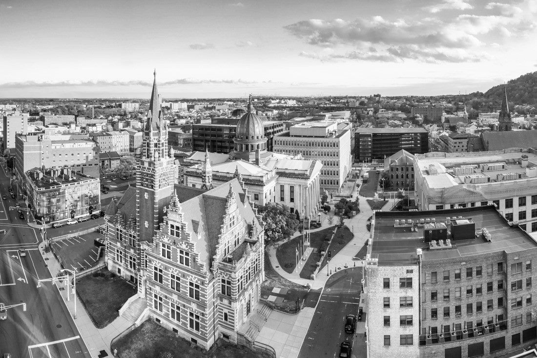 Aerial view of Paterson, NJ and its old courthouse. Paterson is the county seat of Passaic County and the third most populous city of NJ with the second largest Muslim population in the US 2000pc PuzzleBlack and White