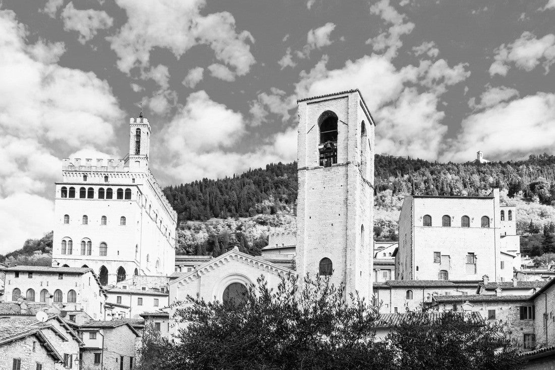 Noah Jigsaw Puzzle The town of Gubbio in the Umbrian mountains with magnificent architecture. Church of St. John the Baptist - the first cathedral in the city, the facade is in the Gothic style. Italy in black white 2000 pieces