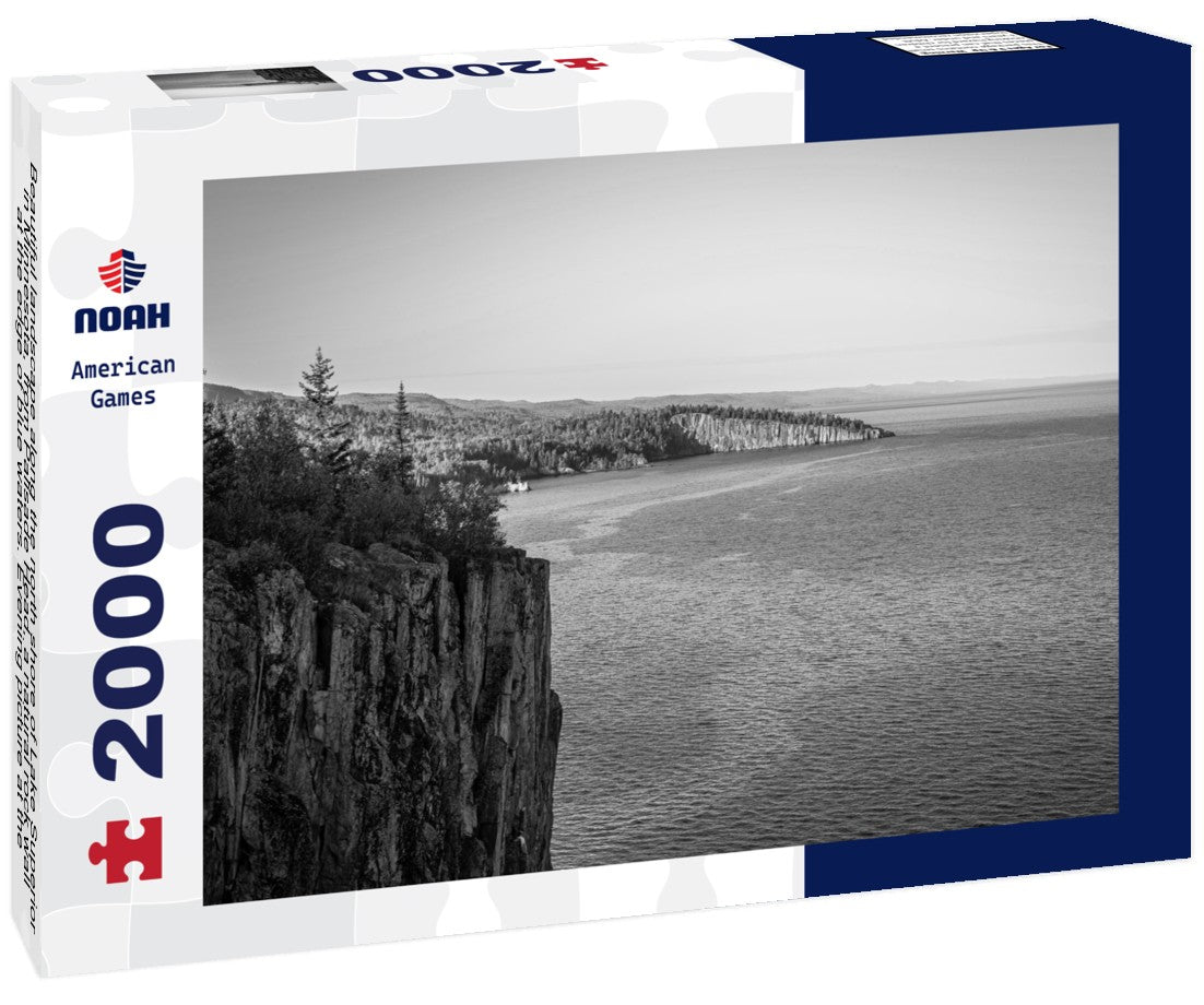 Noah Jigsaw Puzzle Beautiful landscape along the north shore of Lake Superior in Minnesota, from Palisade Head, a natural rock wall at the edge of blue waters. Evening picture at the shore of Gitchi-Gami in black white 2000 pieces