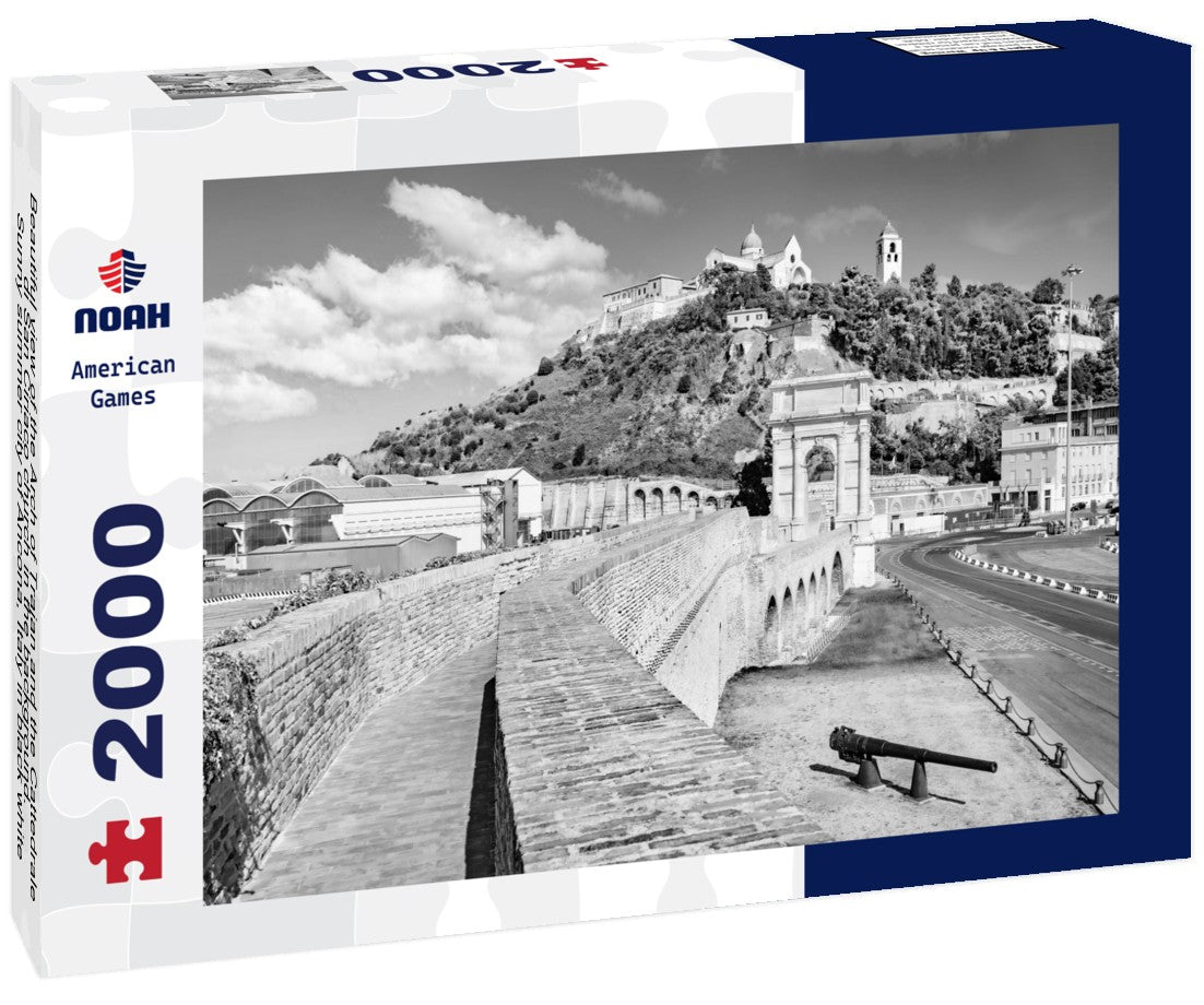 Noah Jigsaw Puzzle Beautiful view of the Arch of Trajan and the Cattedrale di San Ciriaco church in the background. Sunny summer city of Ancona, Italy in black white 2000 pieces
